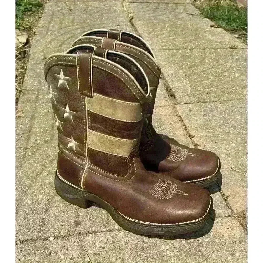 Durango Brown Union Flag Patriotic Western Boots Kids 8” Size US 6M